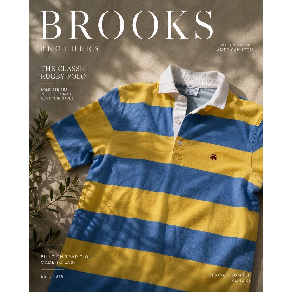 Brooks Brothers 1818 Rugby Polo Shirt XL Yellow Blue Stripe Slim  Preppy Coastal